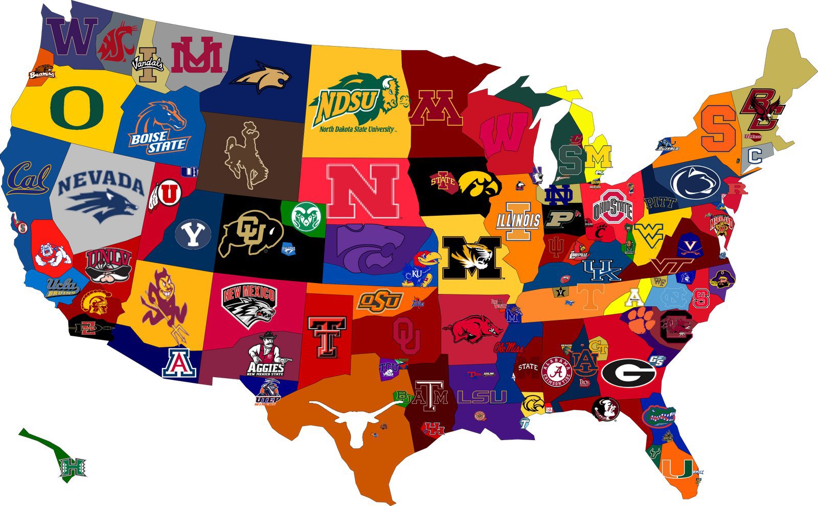 Mapa dos Estados Unidos com universidades
